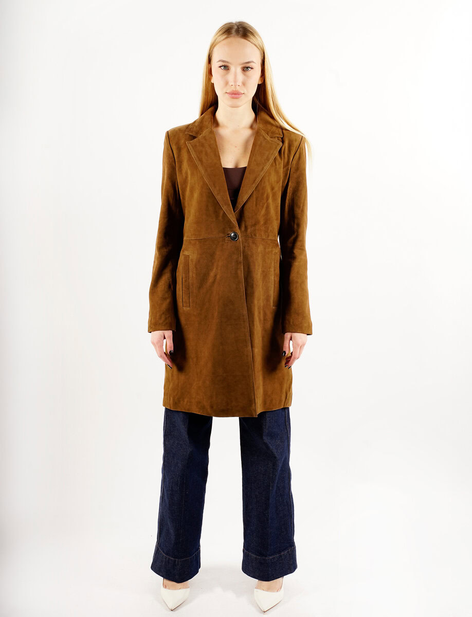 MELINDA OVERSIZE KNEE LENGTH SUEDE BLAZER | SADDLE