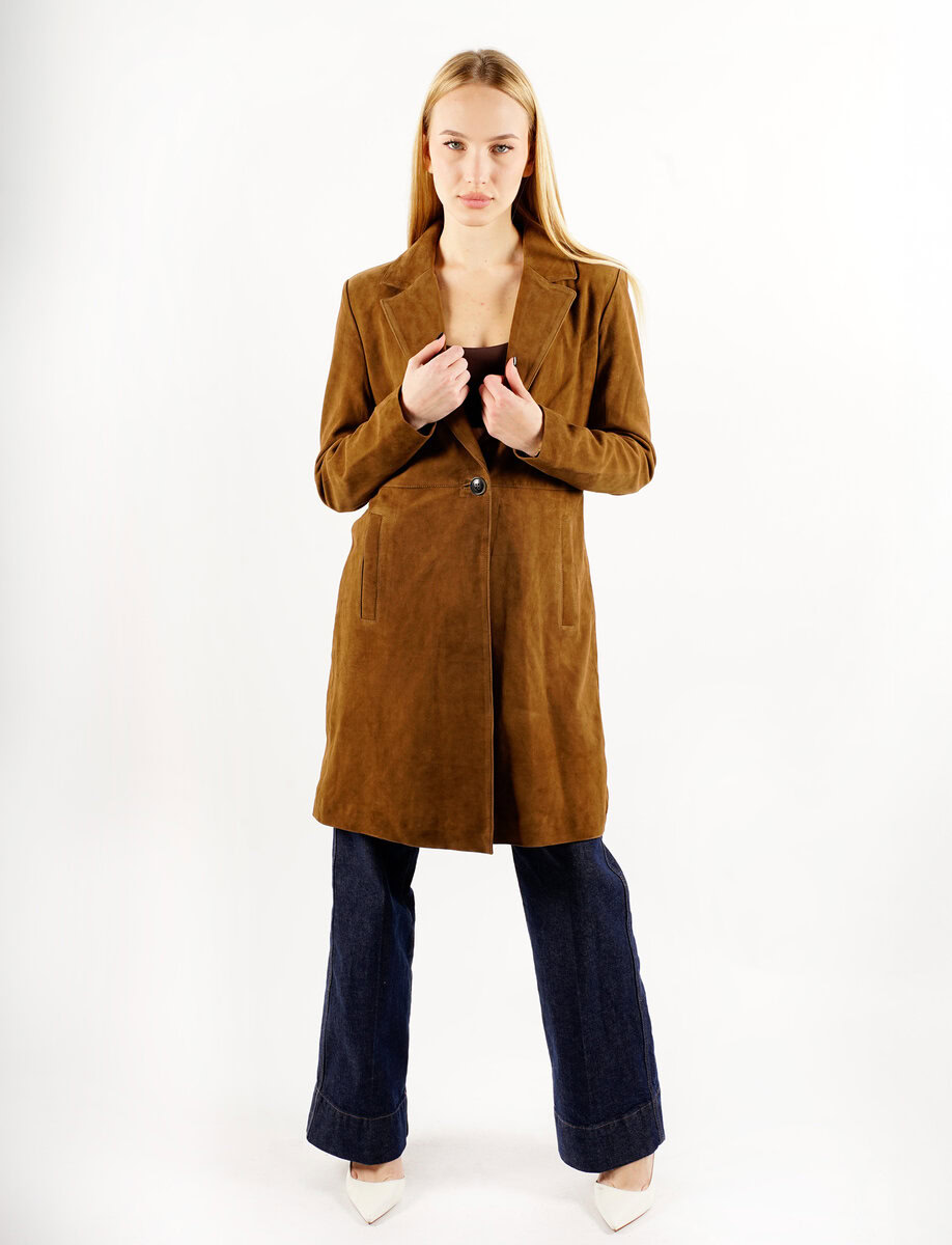 MELINDA OVERSIZE KNEE LENGTH SUEDE BLAZER | SADDLE – תמונה 5