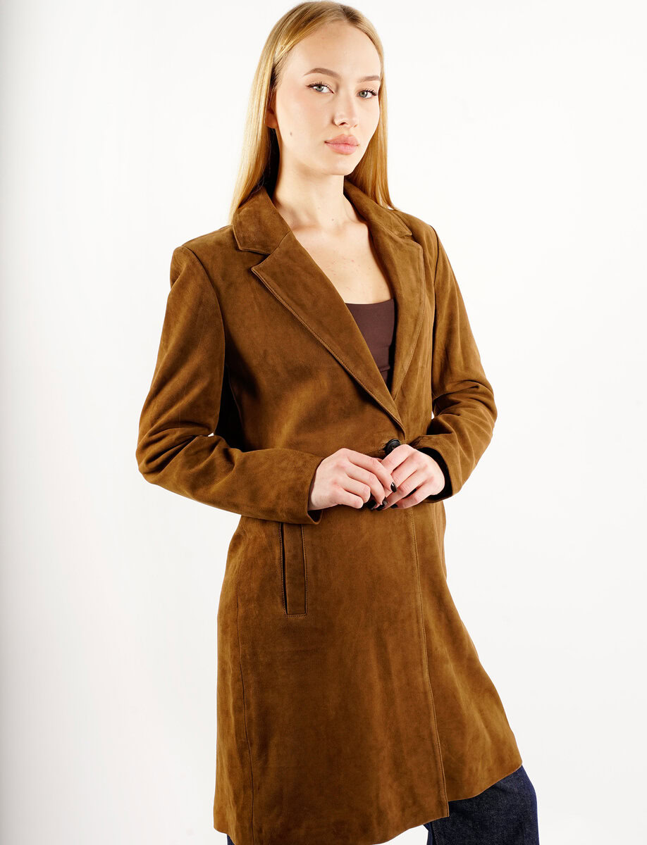 MELINDA OVERSIZE KNEE LENGTH SUEDE BLAZER | SADDLE – תמונה 6