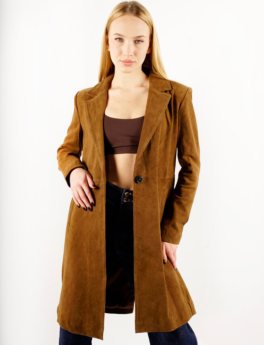 MELINDA OVERSIZE KNEE LENGTH SUEDE BLAZER | SADDLE – תמונה 9
