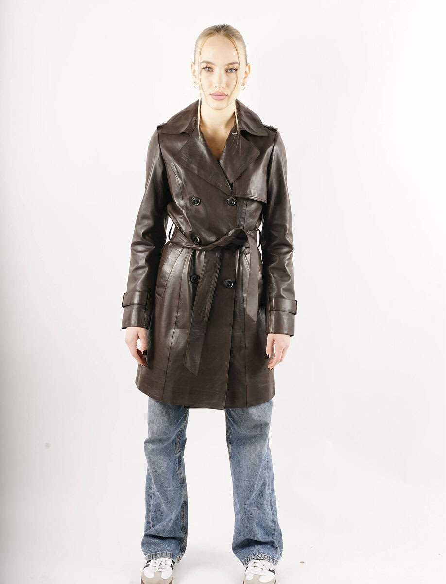 LAURE KNEE LENGTH LEATHER TRENCH | ESPRESSO – תמונה 7