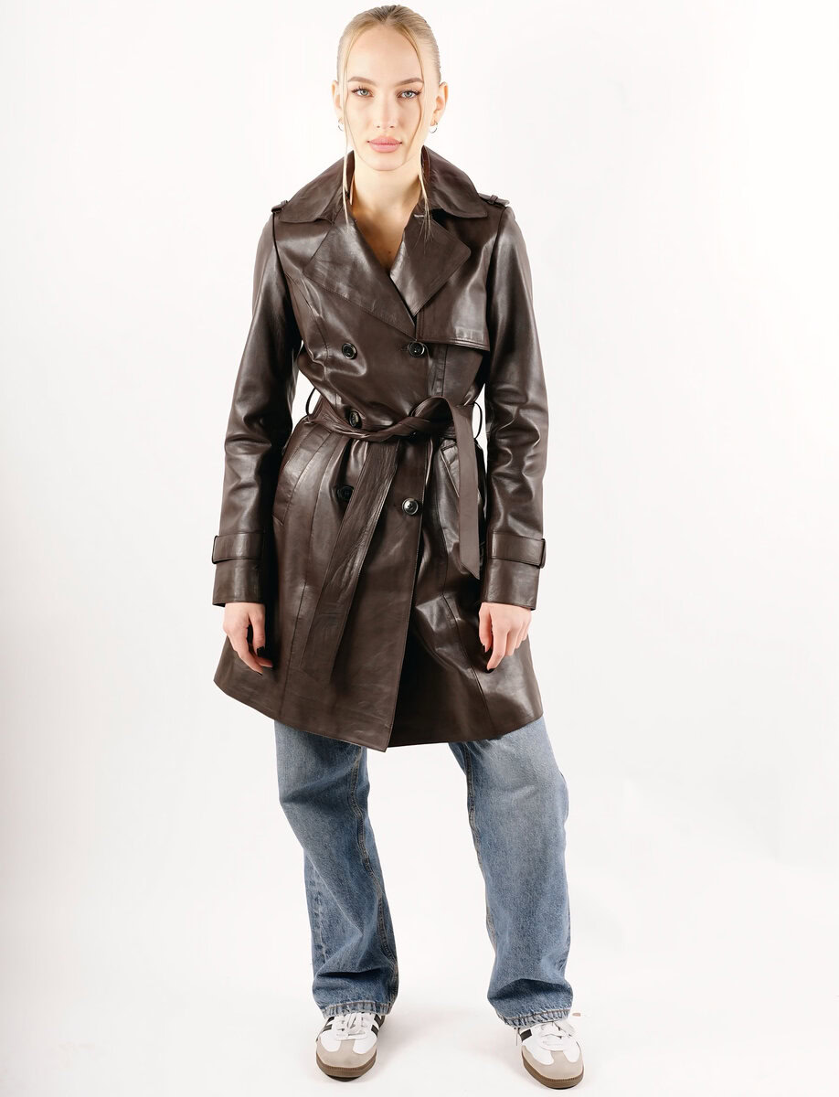 LAURE KNEE LENGTH LEATHER TRENCH | ESPRESSO – תמונה 9