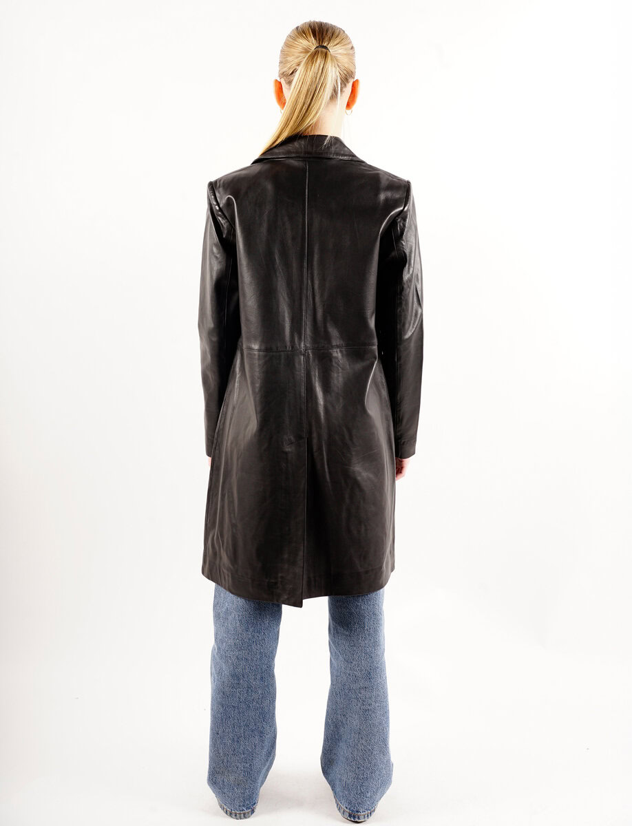 MELINDA OVERSIZE KNEE LENGTH LEATHER BLAZER | BLACK – תמונה 6