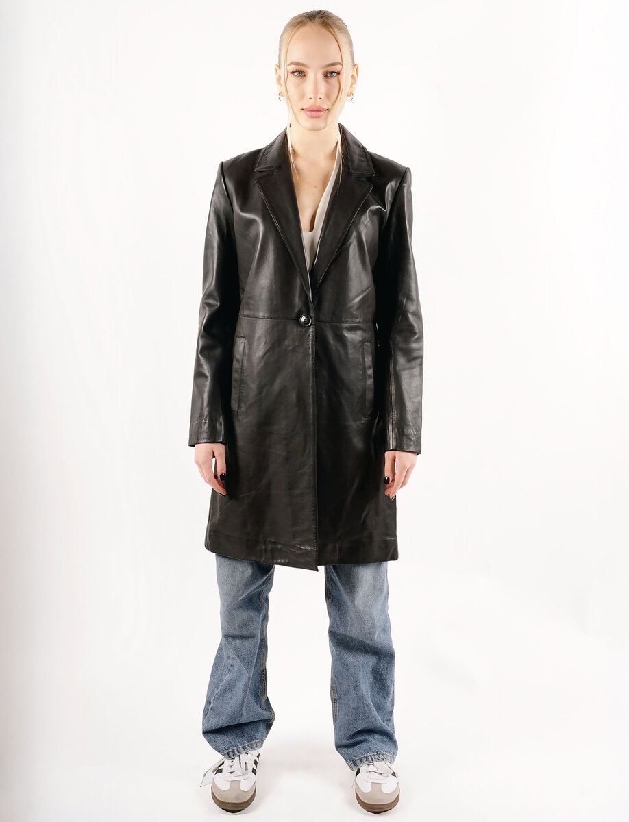 MELINDA OVERSIZE KNEE LENGTH LEATHER BLAZER | BLACK – תמונה 3