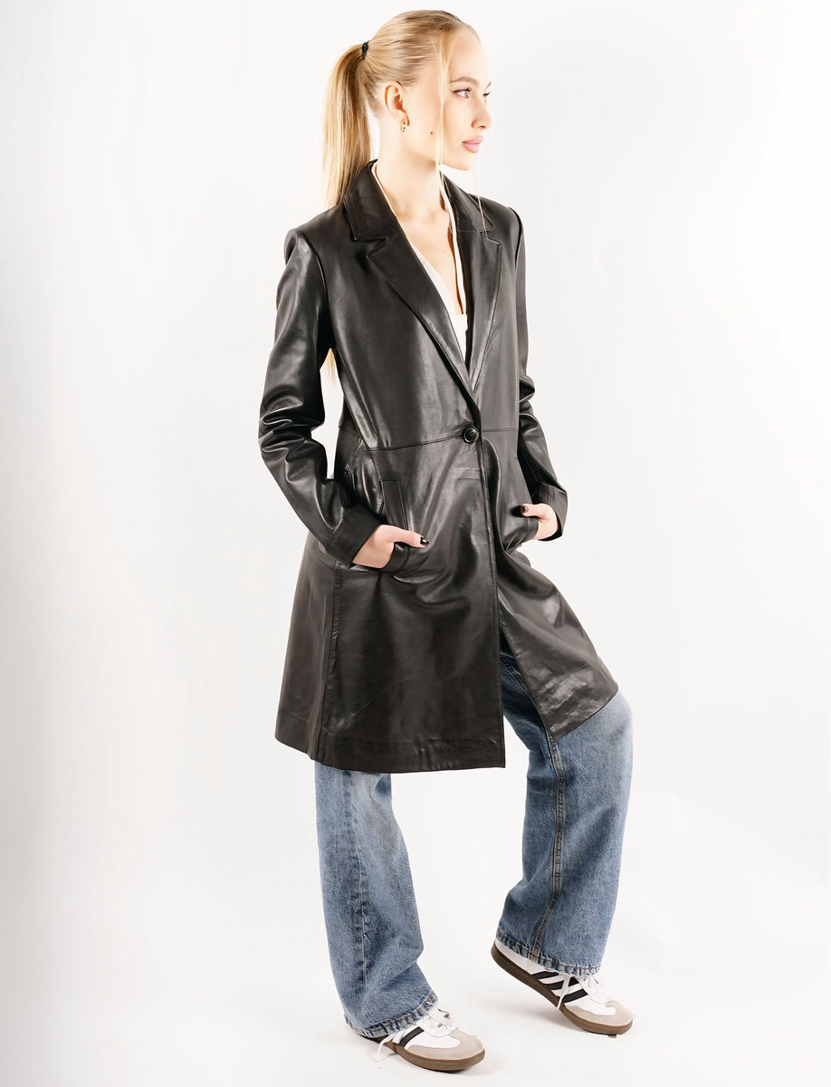 MELINDA OVERSIZE KNEE LENGTH LEATHER BLAZER | BLACK – תמונה 5