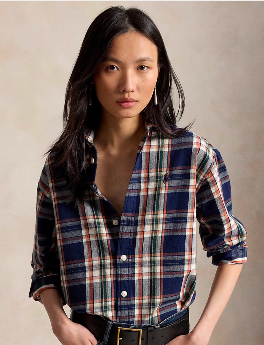 RELAXED FIT PLAID COTTON SHIRT | NAVY ORANGE MULTI – תמונה 6