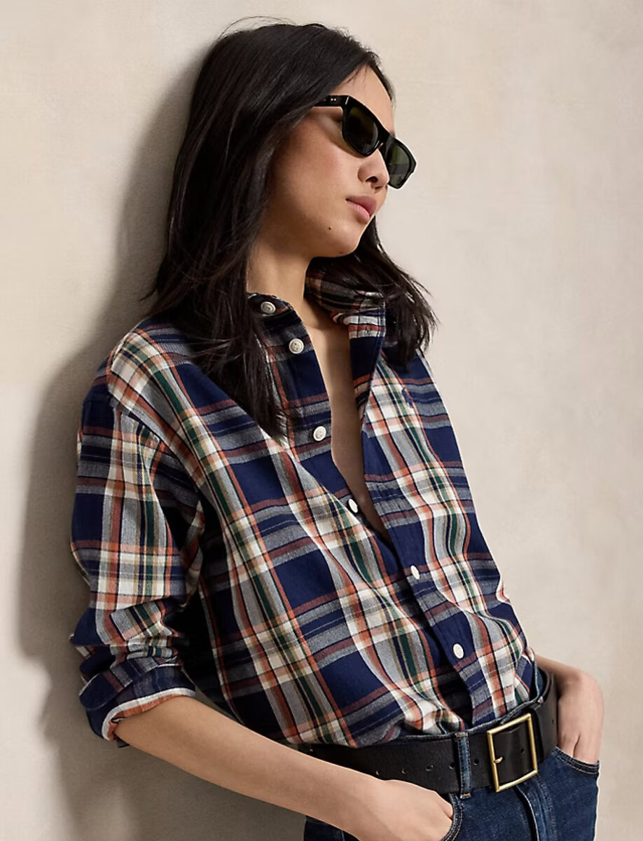 RELAXED FIT PLAID COTTON SHIRT | NAVY ORANGE MULTI – תמונה 2