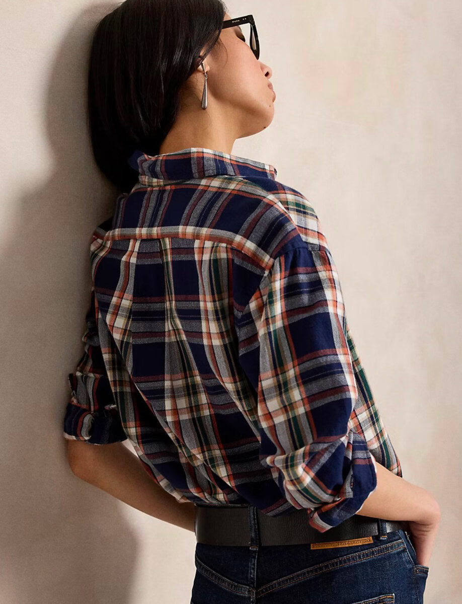 RELAXED FIT PLAID COTTON SHIRT | NAVY ORANGE MULTI – תמונה 3