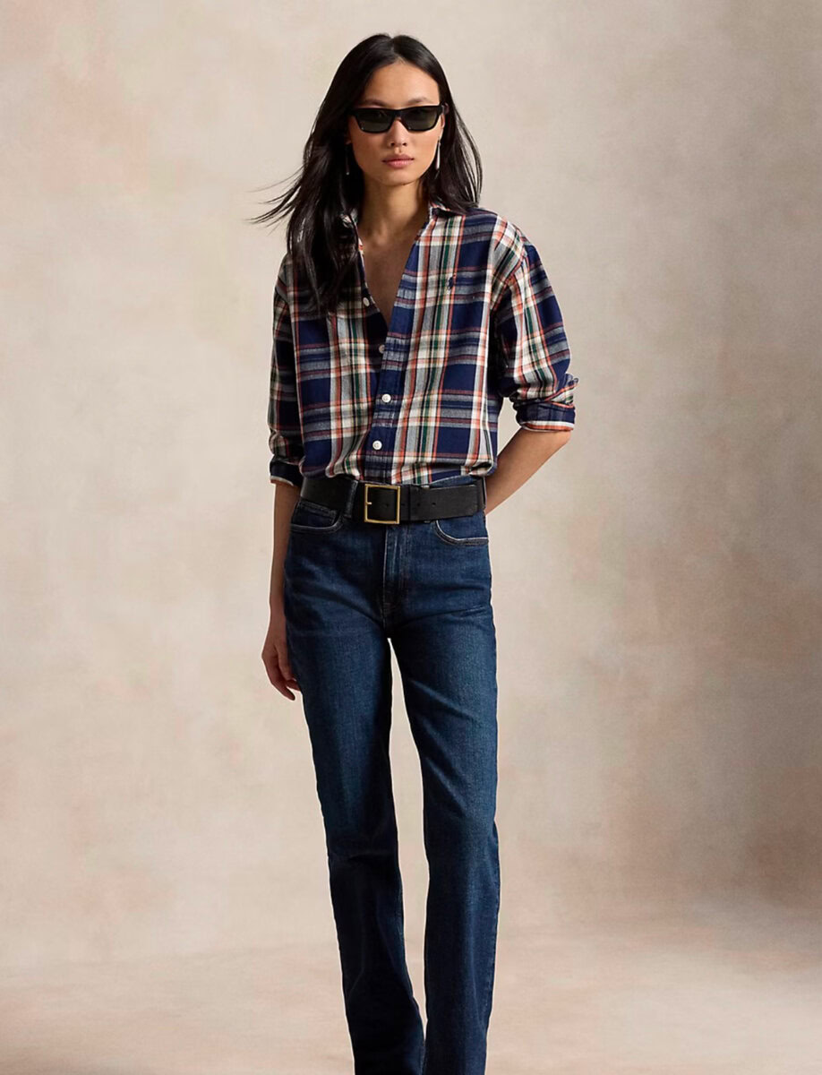 RELAXED FIT PLAID COTTON SHIRT | NAVY ORANGE MULTI – תמונה 4
