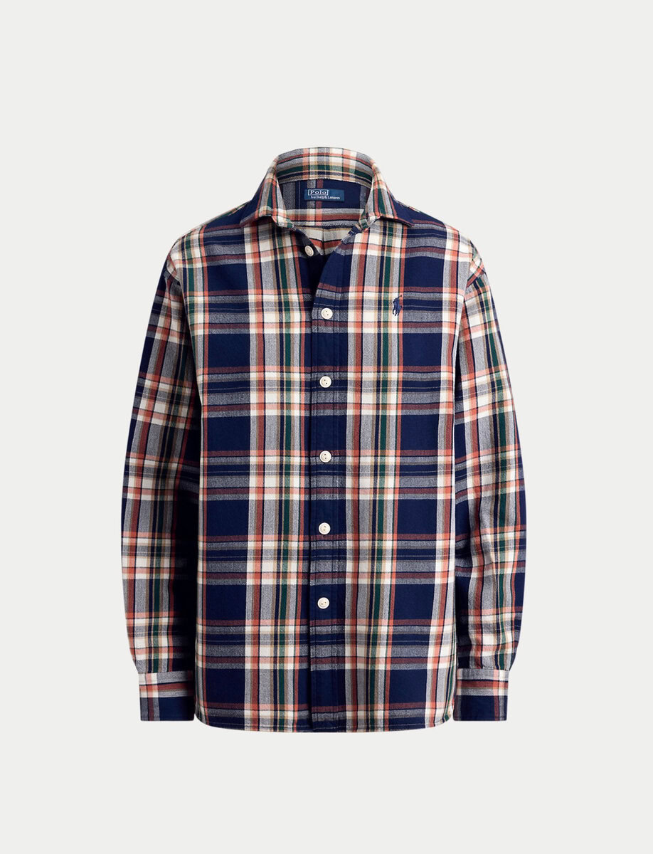 RELAXED FIT PLAID COTTON SHIRT | NAVY ORANGE MULTI