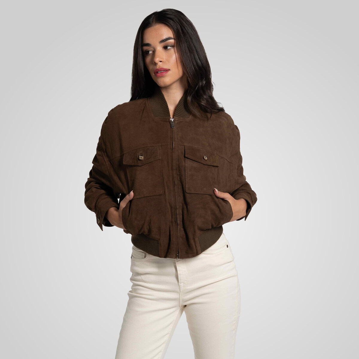 CAMILLA SUEDE BOMBER JACKET | KHAKI – תמונה 4