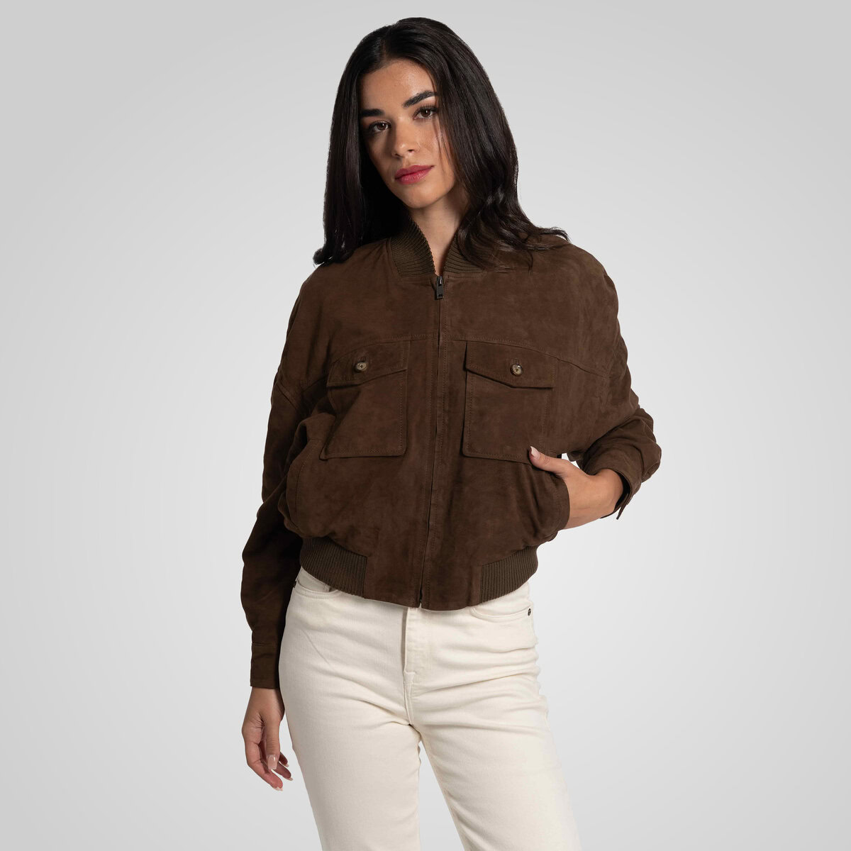 CAMILLA SUEDE BOMBER JACKET | KHAKI – תמונה 8