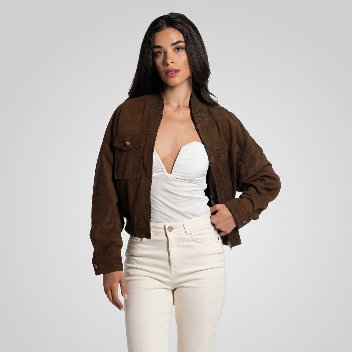CAMILLA SUEDE BOMBER JACKET | KHAKI – תמונה 7