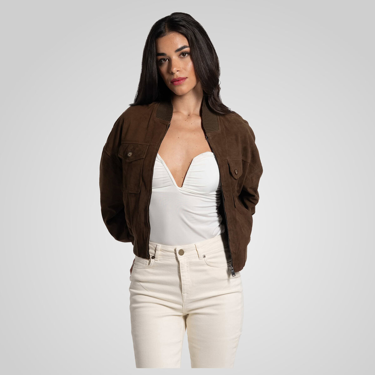 CAMILLA SUEDE BOMBER JACKET | KHAKI – תמונה 6