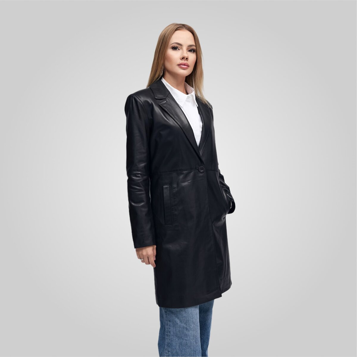MELINDA OVERSIZE KNEE LENGTH LEATHER BLAZER | BLACK – תמונה 9