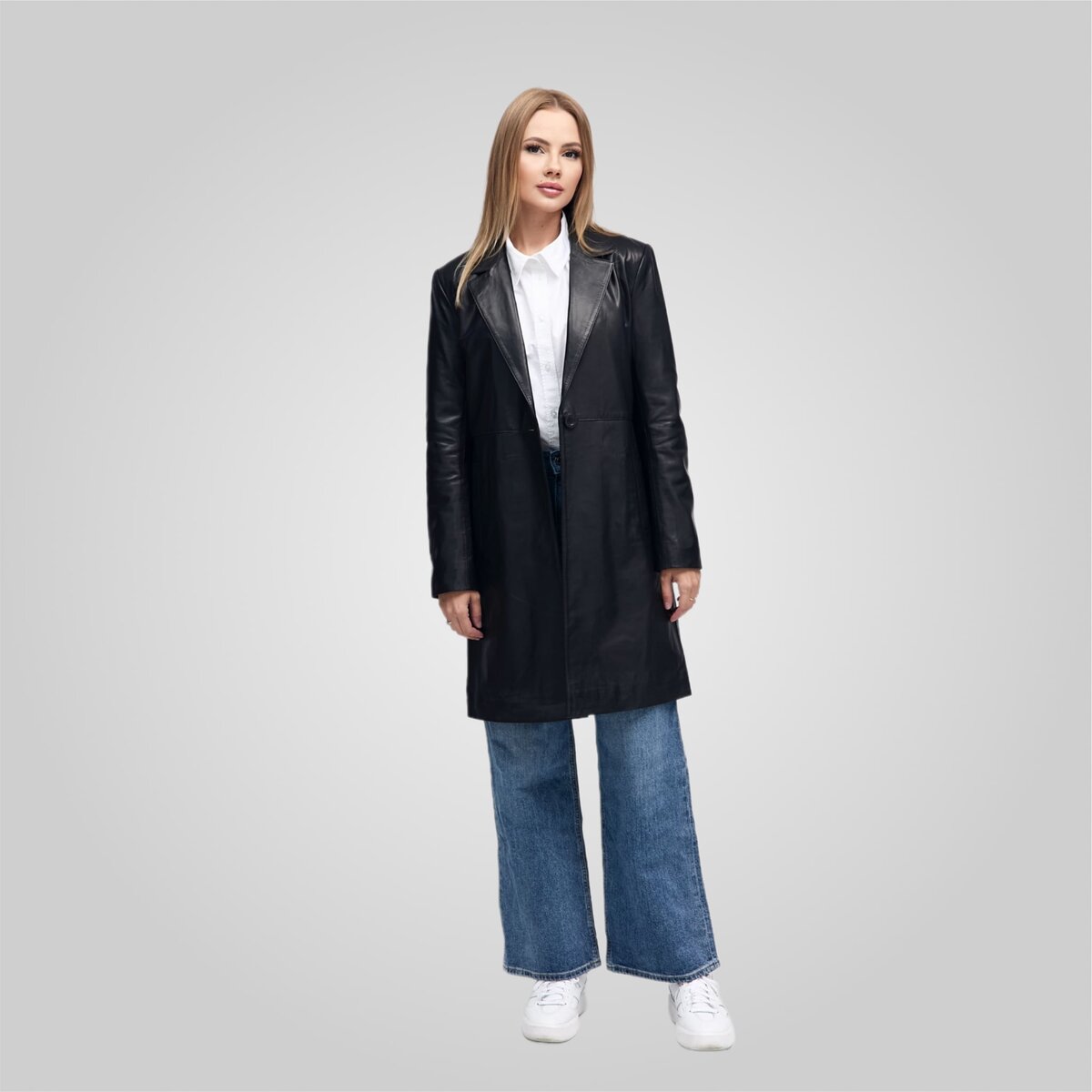 MELINDA OVERSIZE KNEE LENGTH LEATHER BLAZER | BLACK – תמונה 8