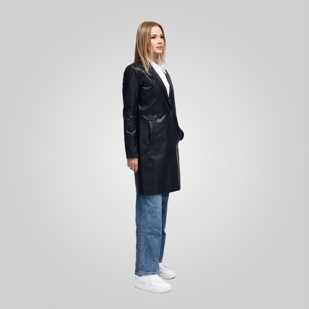 MELINDA OVERSIZE KNEE LENGTH LEATHER BLAZER | BLACK – תמונה 7